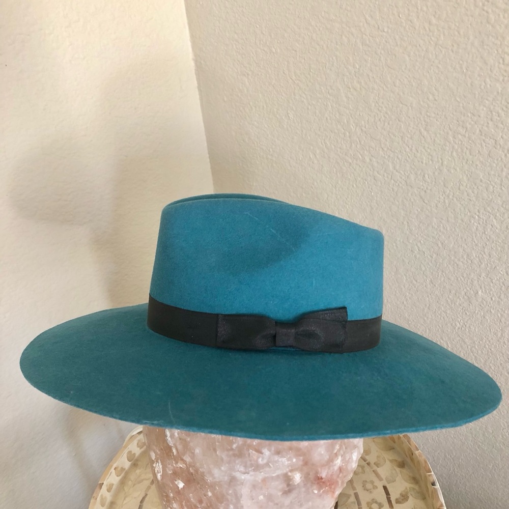 Teal Wool Felt Fedora with Black Band - Picture 2 of 3